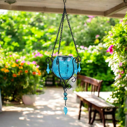 Mystic Moroccan Clear Aquamarine Solar Lantern – 55cm | Solar-Powered Outdoor Lantern with Intricate Moroccan Design
