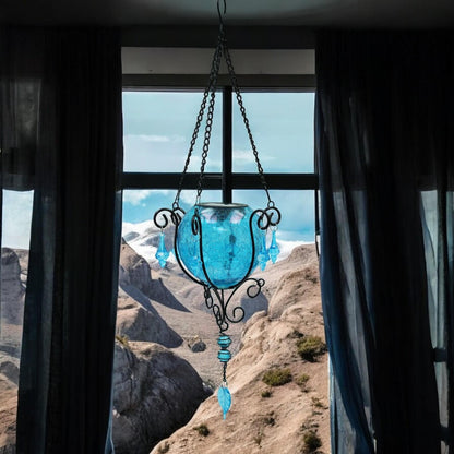 Mystic Moroccan Clear Aquamarine Solar Lantern – 55cm | Solar-Powered Outdoor Lantern with Intricate Moroccan Design
