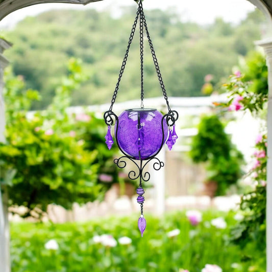 Mystic Moroccan Amethyst Glass Solar Lantern – 55cm | Solar-Powered Outdoor Lantern with Intricate Moroccan Design