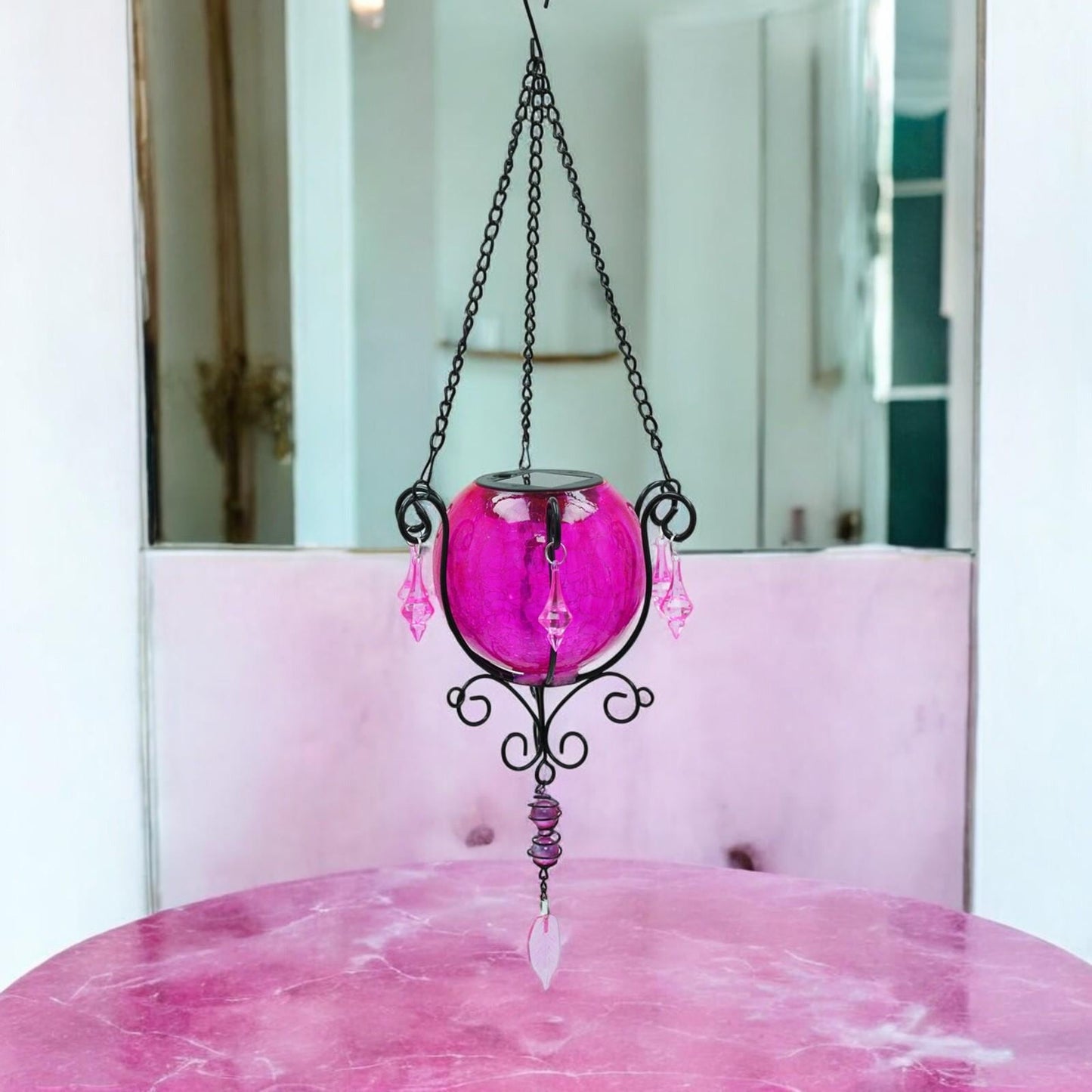 Mystic Moroccan Clear Cerise Solar Lantern – 55cm | Solar-Powered Outdoor Lantern with Intricate Moroccan Design