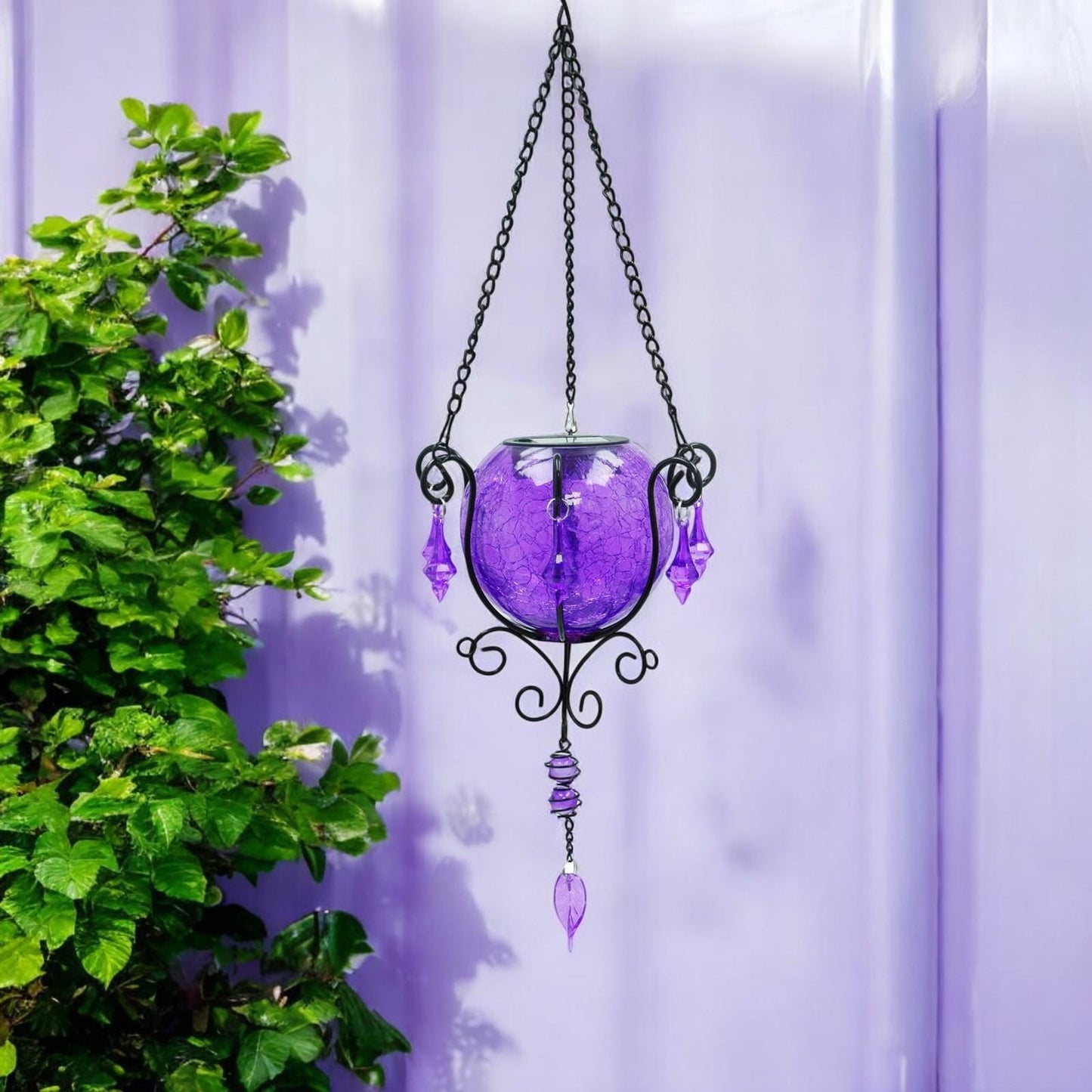 Mystic Moroccan Amethyst Glass Solar Lantern – 55cm | Solar-Powered Outdoor Lantern with Intricate Moroccan Design