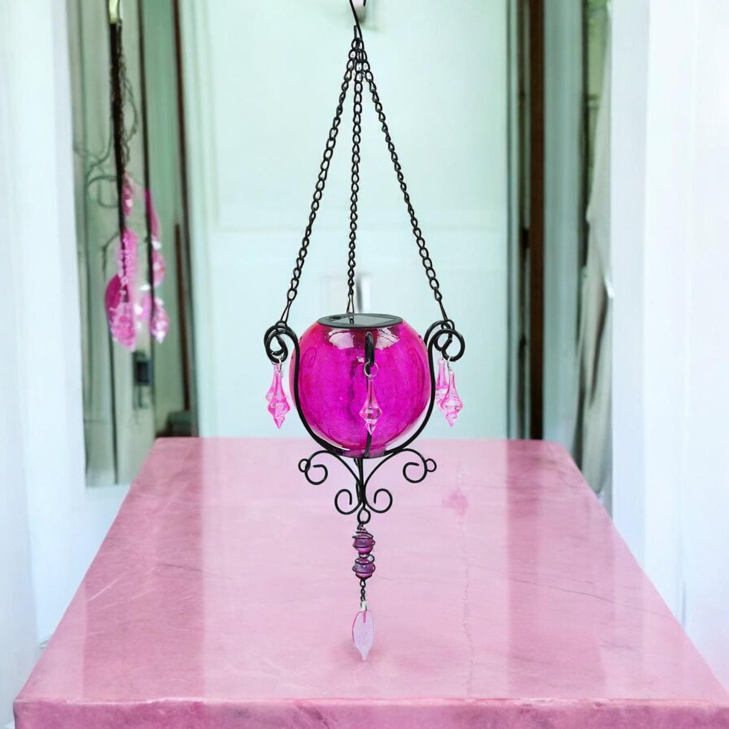Mystic Moroccan Clear Cerise Solar Lantern – 55cm | Solar-Powered Outdoor Lantern with Intricate Moroccan Design