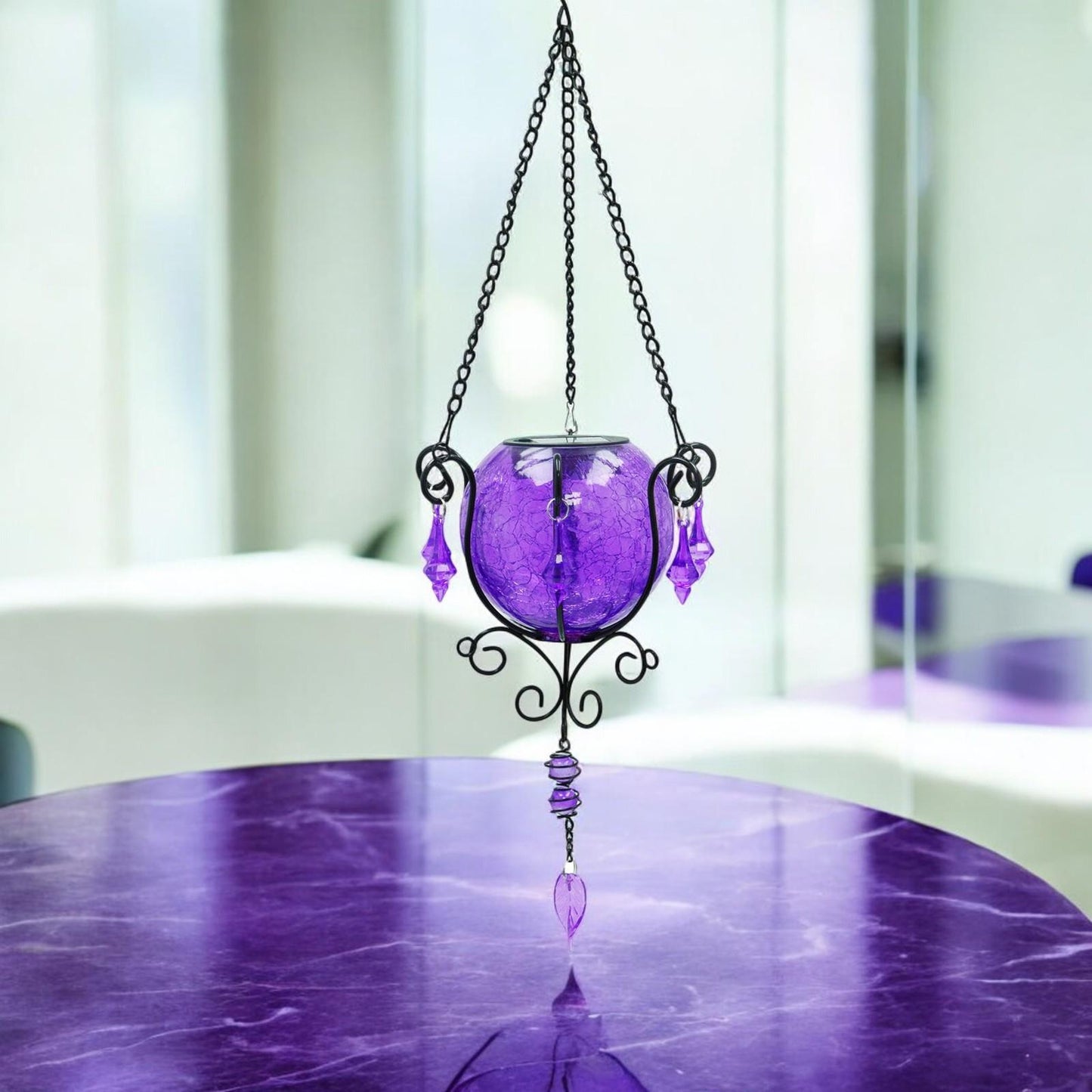 Mystic Moroccan Amethyst Glass Solar Lantern – 55cm | Solar-Powered Outdoor Lantern with Intricate Moroccan Design