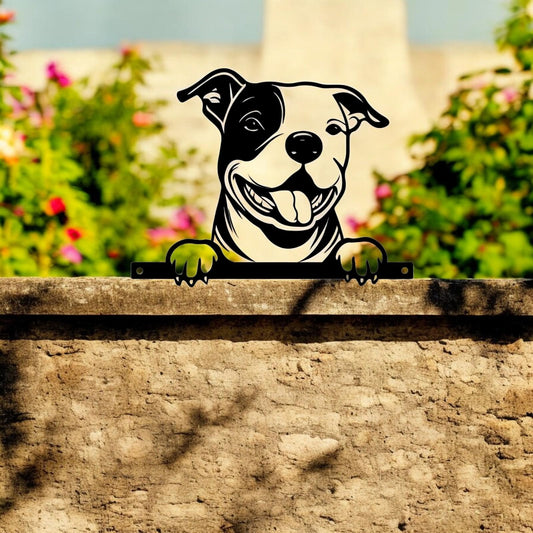 Metal Staffie Peeking Dog Silhouette – 25cm x 9cm x 1.5cm | Decorative Metal Dog Art for Home & Garden Décor