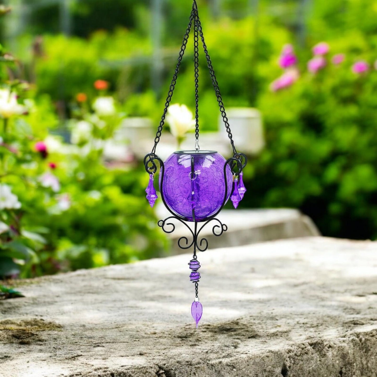Mystic Moroccan Amethyst Glass Solar Lantern – 55cm | Solar-Powered Outdoor Lantern with Intricate Moroccan Design