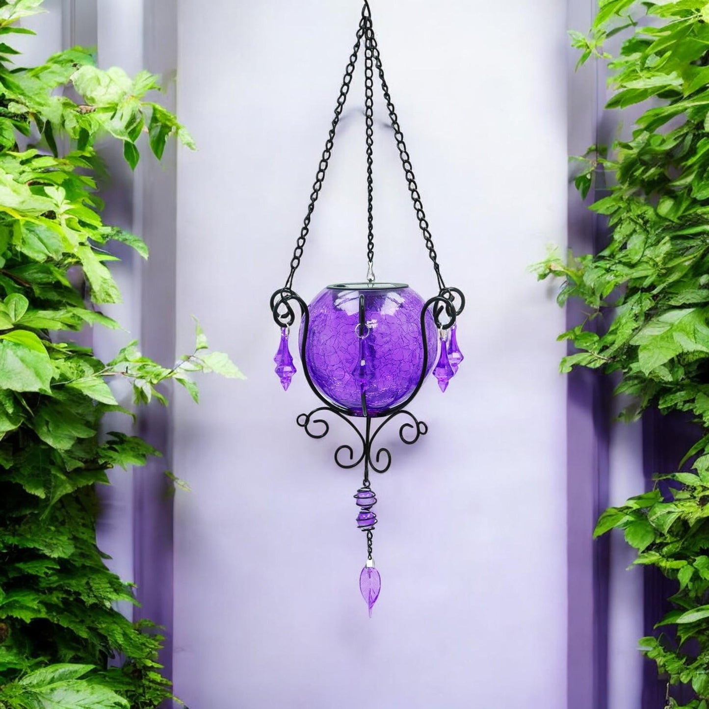 Mystic Moroccan Amethyst Glass Solar Lantern – 55cm | Solar-Powered Outdoor Lantern with Intricate Moroccan Design