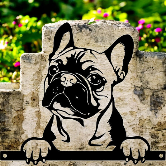 Metal Frenchie Peeking Dog Silhouette – 28cm x 32cm | Decorative Metal French Bulldog Art for Home & Garden Décor