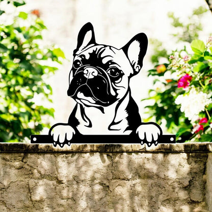 Metal Frenchie Peeking Dog Silhouette – 28cm x 32cm | Decorative Metal French Bulldog Art for Home & Garden Décor