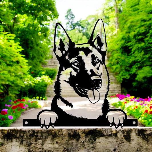 Metal German Shepherd Peeking Dog Silhouette – 28cm x 32cm | Decorative German Shepherd Art for Home & Garden Décor