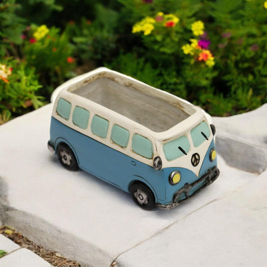 Blue Resin Camper Van Planter – 13.5cm x 13cm x 28cm | Vintage Camper Flower Pot for Indoor & Outdoor Décor