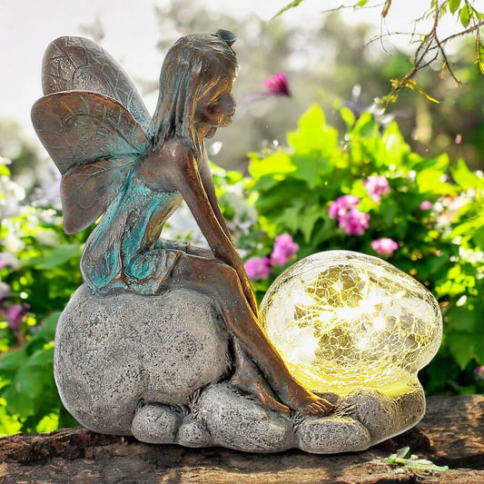 Resin Sitting Fairy with Solar Bubble Light – 25.5cm x 25cm x 12cm | Enchanting Garden Ornament with LED Glow for Outdoor & Patio Décor