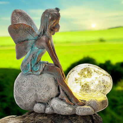 Resin Sitting Fairy with Solar Bubble Light – 25.5cm x 25cm x 12cm | Enchanting Garden Ornament with LED Glow for Outdoor & Patio Décor