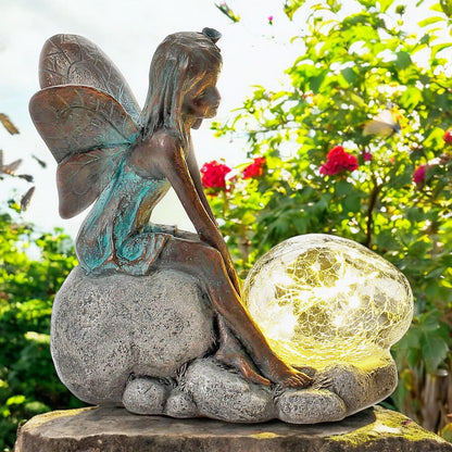 Resin Sitting Fairy with Solar Bubble Light – 25.5cm x 25cm x 12cm | Enchanting Garden Ornament with LED Glow for Outdoor & Patio Décor