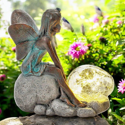Resin Sitting Fairy with Solar Bubble Light – 25.5cm x 25cm x 12cm | Enchanting Garden Ornament with LED Glow for Outdoor & Patio Décor