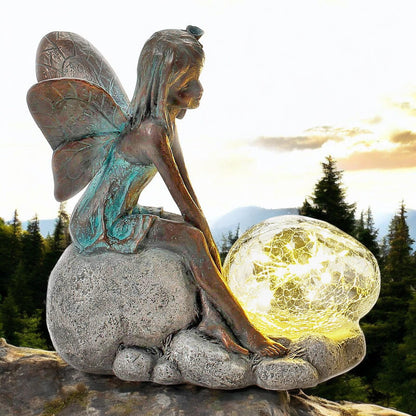Resin Sitting Fairy with Solar Bubble Light – 25.5cm x 25cm x 12cm | Enchanting Garden Ornament with LED Glow for Outdoor & Patio Décor