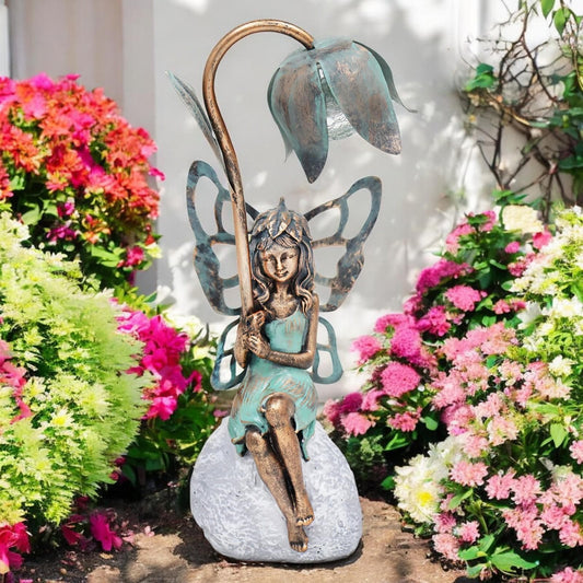 Epsom Door Handle Sitting Resin Fairy Solar Petal Light – 42cm x 17cm x 12cm | Enchanting Outdoor Garden Ornament with Solar LED Glow