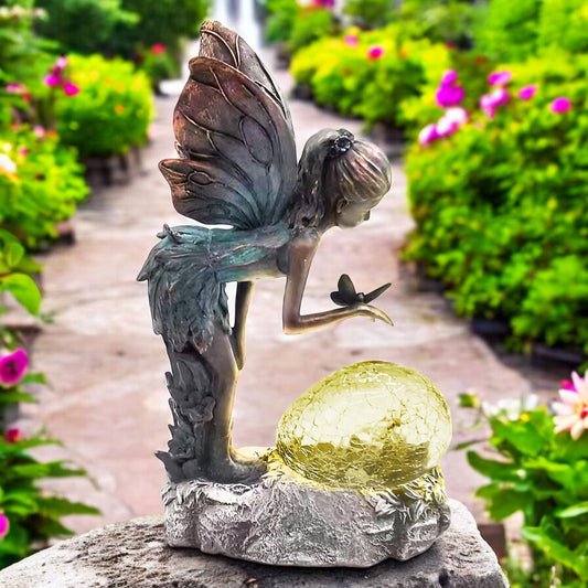 Resin Perching Fairy with Solar Bubble Light – 30.5cm x 17cm x 10.5cm | Enchanting Outdoor Garden Ornament with Solar-Powered Glow