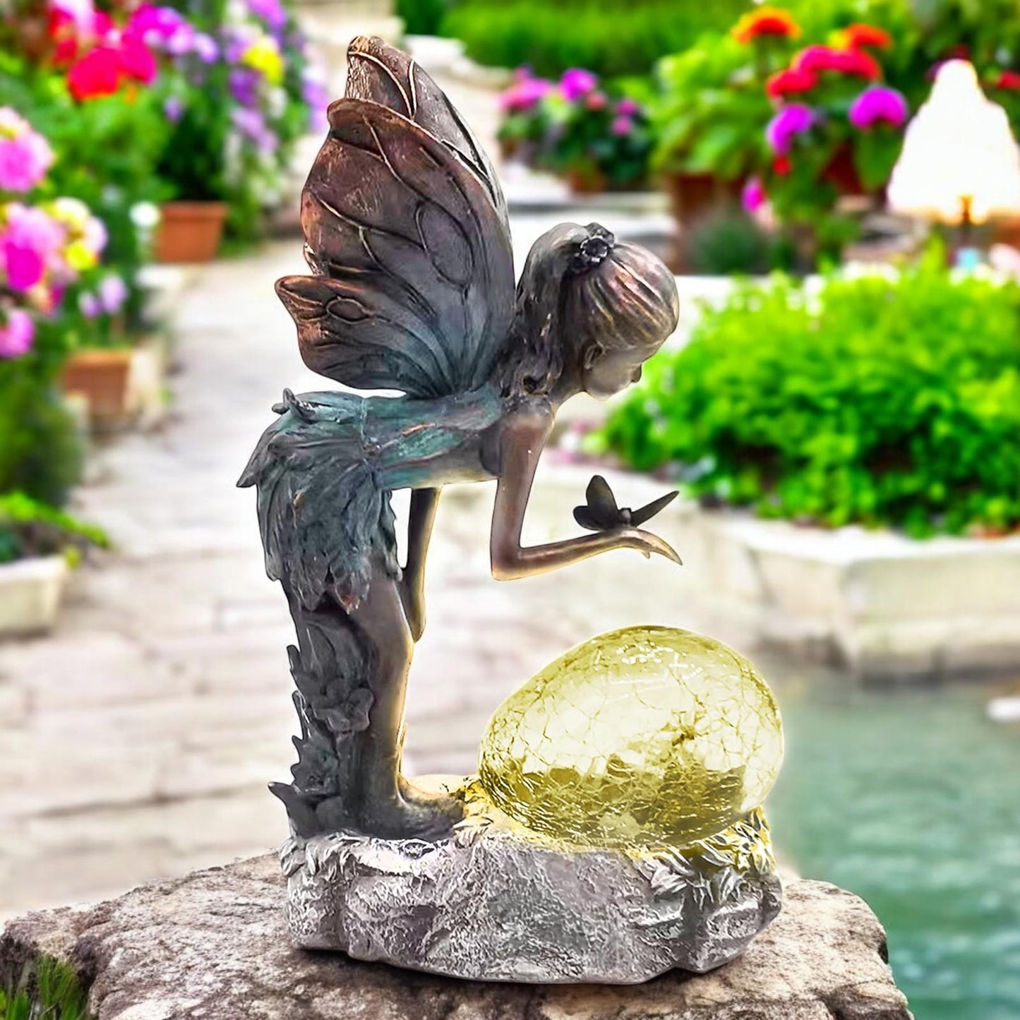 Resin Perching Fairy with Solar Bubble Light – 30.5cm x 17cm x 10.5cm | Enchanting Outdoor Garden Ornament with Solar-Powered Glow