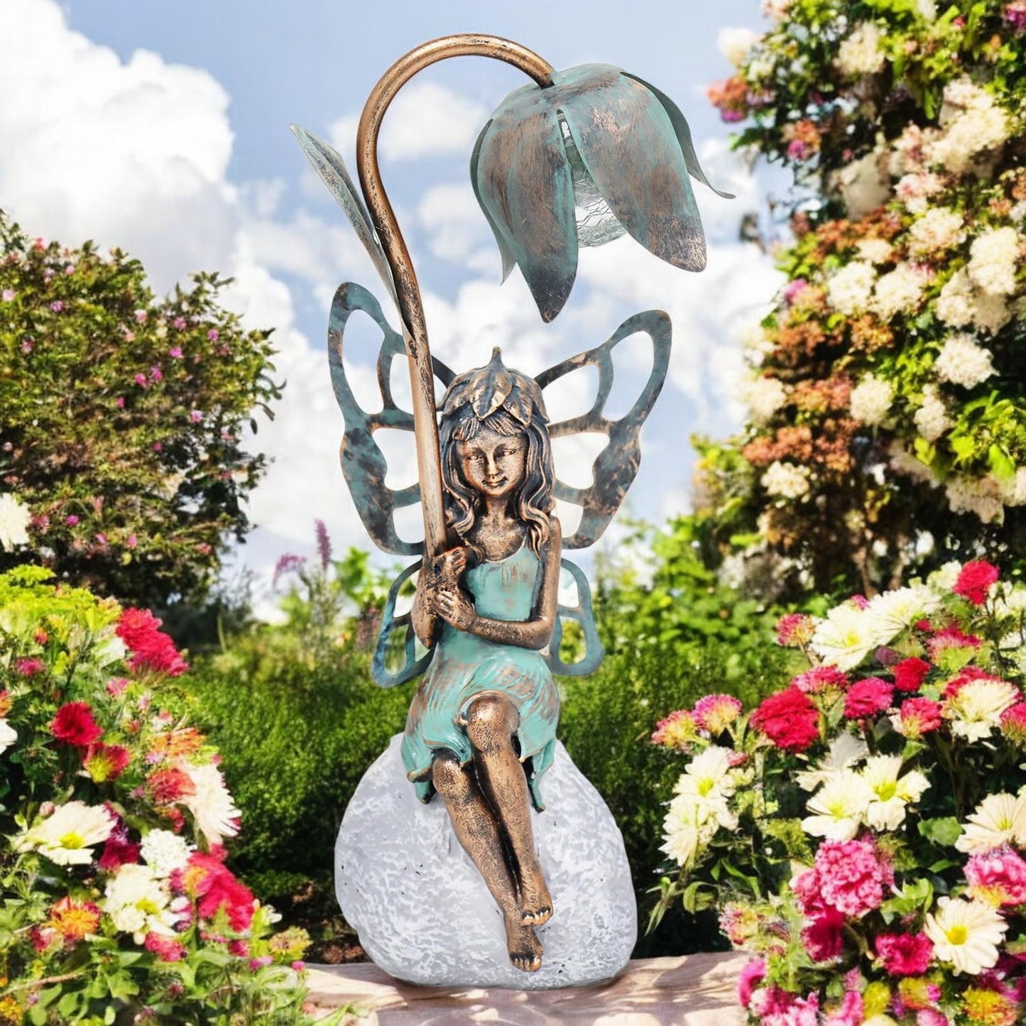 Epsom Door Handle Sitting Resin Fairy Solar Petal Light – 42cm x 17cm x 12cm | Enchanting Outdoor Garden Ornament with Solar LED Glow