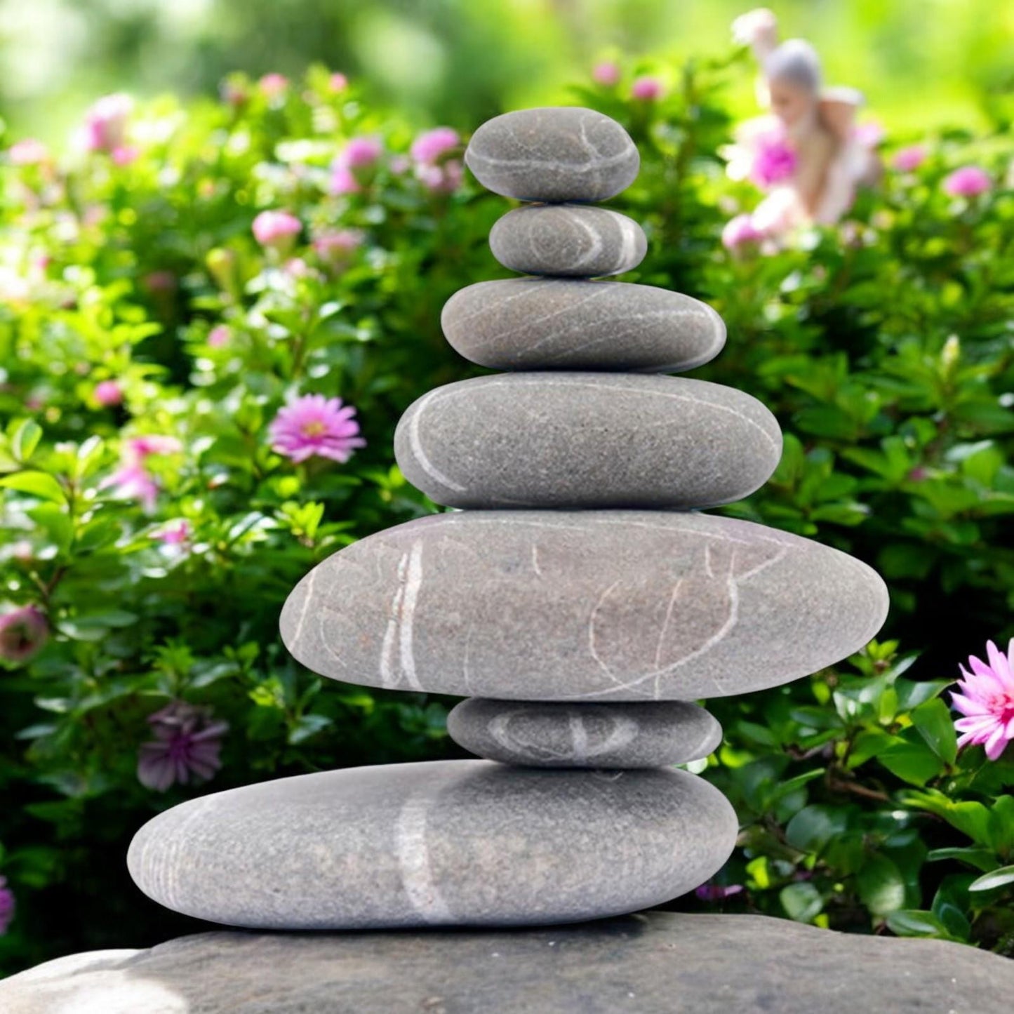 Resin 7 Stone Cairn Sculpture – 25.5cm x 25.5cm x 9cm | Zen Garden Rock Stack for Outdoor & Indoor Décor