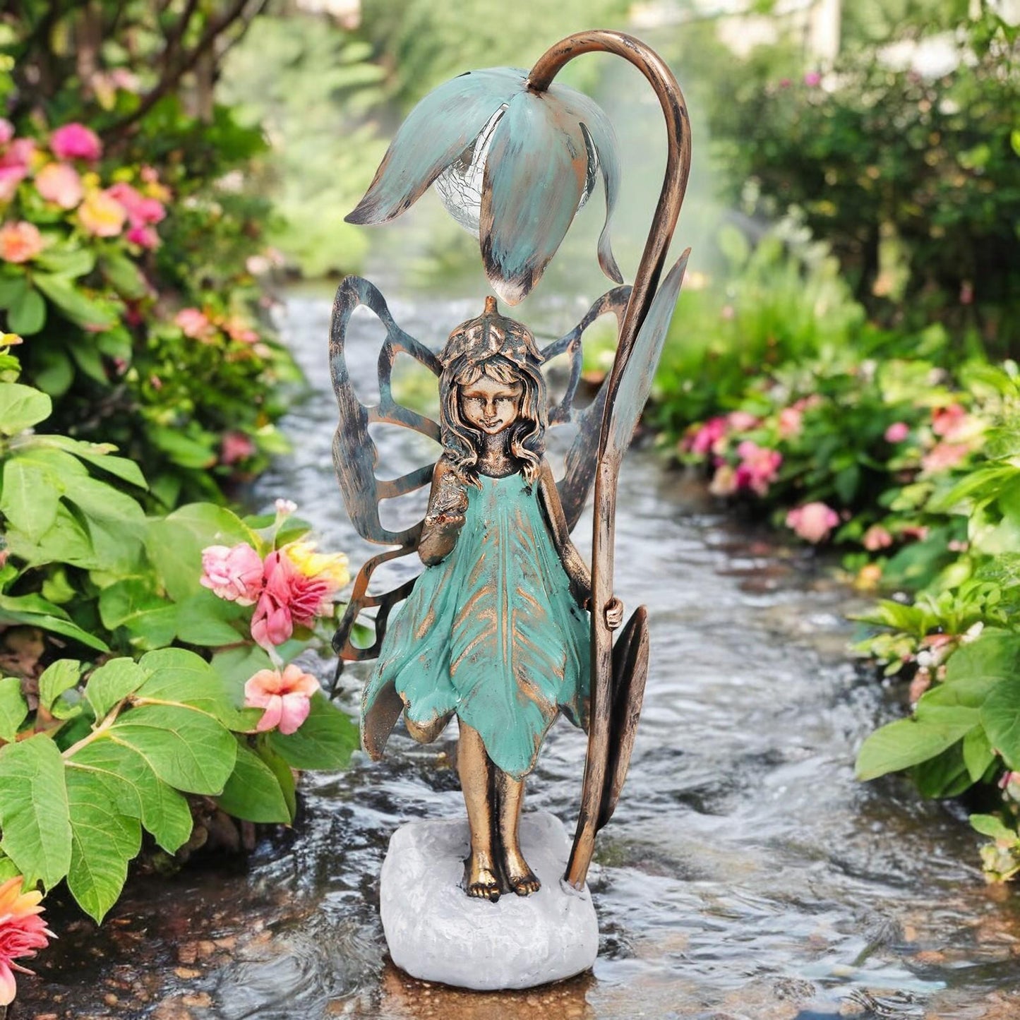 Resin Fairy Solar Petal Light with Bird – 42cm x 17cm x 12cm | Enchanting Outdoor Garden Ornament with Solar LED Glow