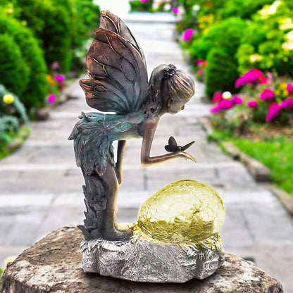 Resin Perching Fairy with Solar Bubble Light – 30.5cm x 17cm x 10.5cm | Enchanting Outdoor Garden Ornament with Solar-Powered Glow