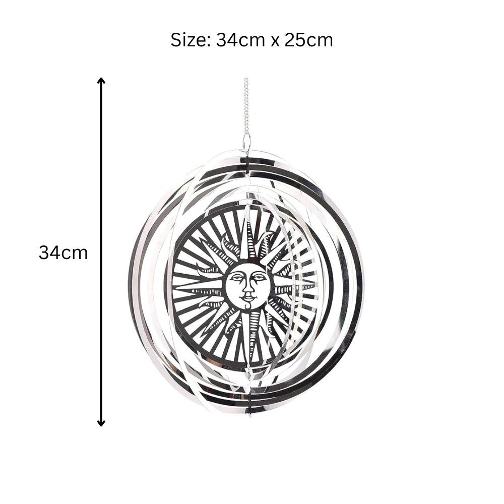 Sun Stainless Steel Hanging Wind Spinner – 34cm x 25cm | 3D Metal Kinetic Garden Ornament & Outdoor Wind Sculpture