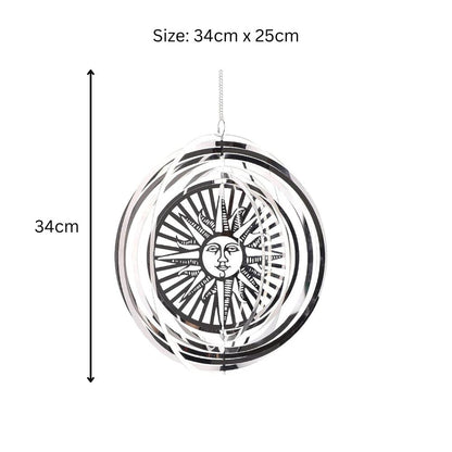 Sun Stainless Steel Hanging Wind Spinner – 34cm x 25cm | 3D Metal Kinetic Garden Ornament & Outdoor Wind Sculpture