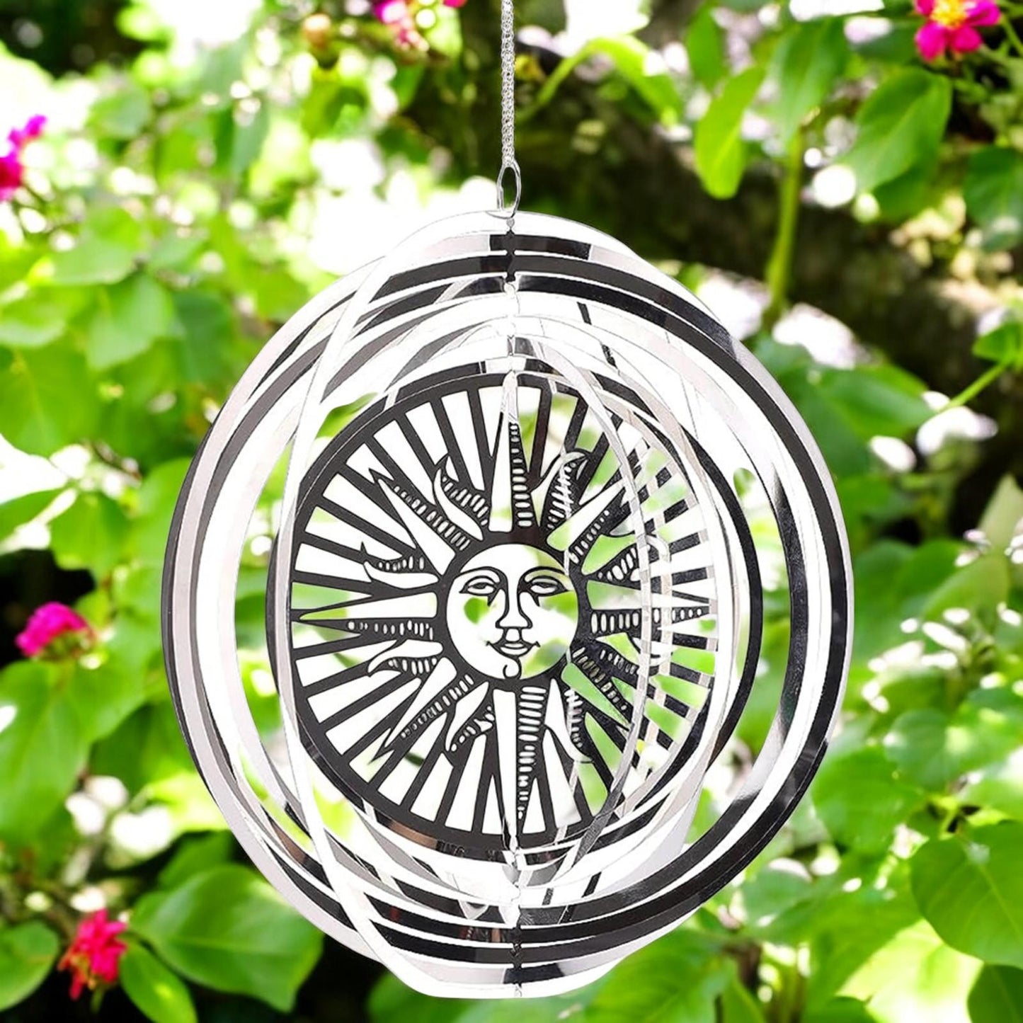Sun Stainless Steel Hanging Wind Spinner – 34cm x 25cm | 3D Metal Kinetic Garden Ornament & Outdoor Wind Sculpture