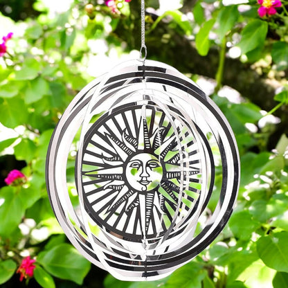 Sun Stainless Steel Hanging Wind Spinner – 34cm x 25cm | 3D Metal Kinetic Garden Ornament & Outdoor Wind Sculpture