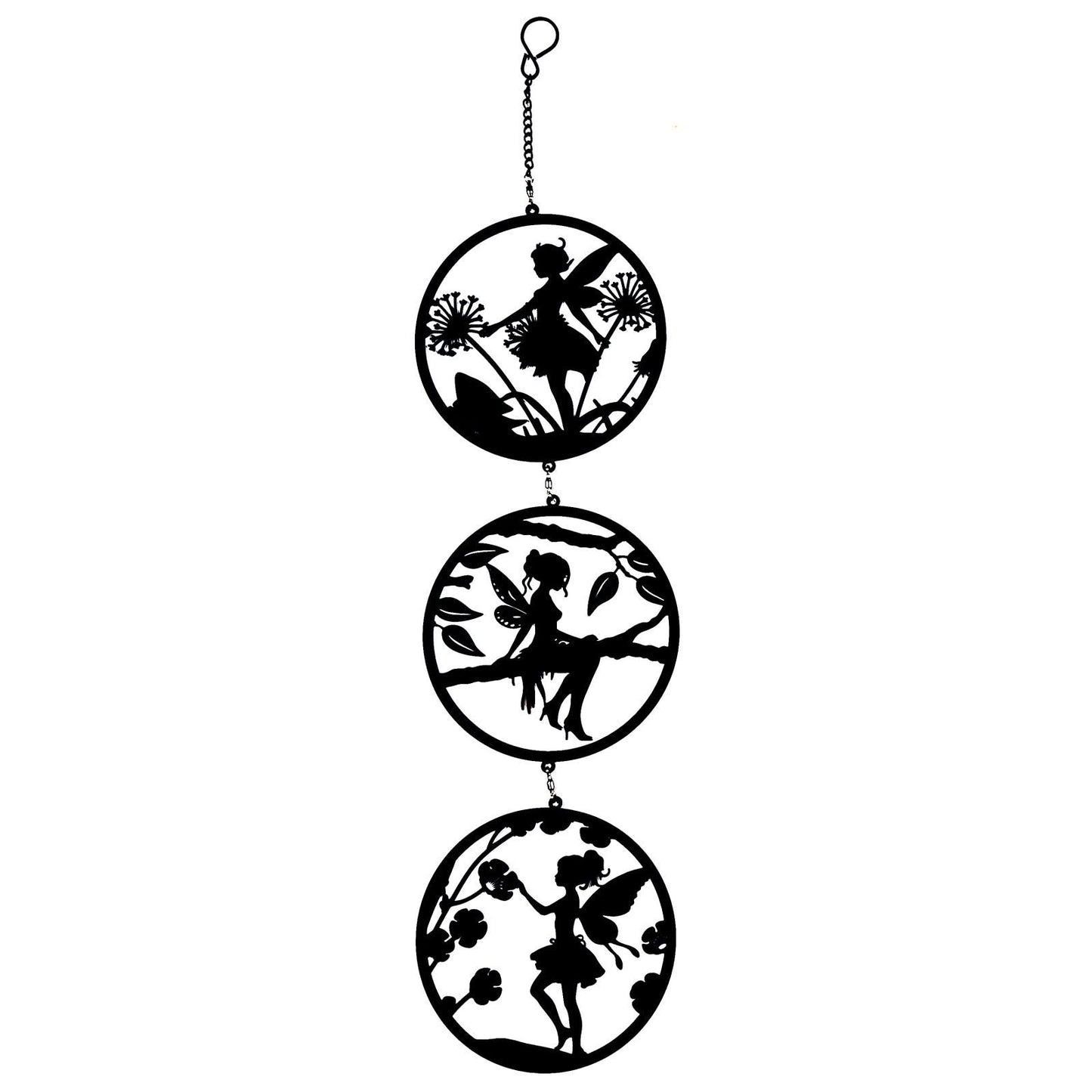 Black Fairy Silhouette Hanging Trio Spinner– 60cm x 15cm | 3-Tier Kinetic Wind Spinner for Garden & Home | Outdoor Metal Hanging Fairy