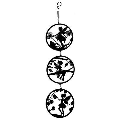 Black Fairy Silhouette Hanging Trio Spinner– 60cm x 15cm | 3-Tier Kinetic Wind Spinner for Garden & Home | Outdoor Metal Hanging Fairy