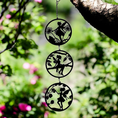 Black Fairy Silhouette Hanging Trio Spinner– 60cm x 15cm | 3-Tier Kinetic Wind Spinner for Garden & Home | Outdoor Metal Hanging Fairy