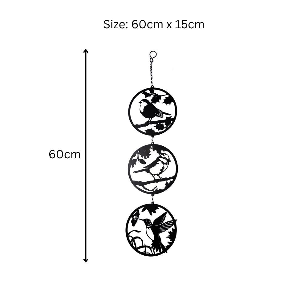 Black Bird Silhouette Hanging Trio Spinner – 60cm x 15cm | Kinetic Metal Wind Spinner for Garden & Home | Outdoor Hanging Bird Ornament
