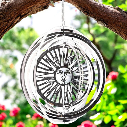 Sun Stainless Steel Hanging Wind Spinner – 34cm x 25cm | 3D Metal Kinetic Garden Ornament & Outdoor Wind Sculpture