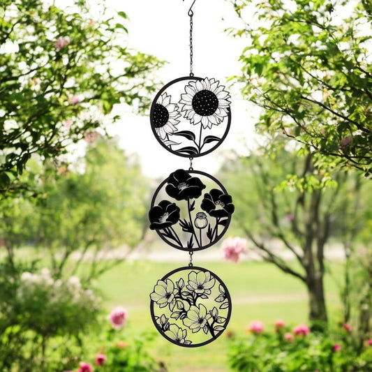 Black Floral Silhouette Hanging Trio Spinner – 60cm x 15cm | Metal Kinetic Wind Spinner for Garden & Home | Outdoor Hanging Floral Ornament