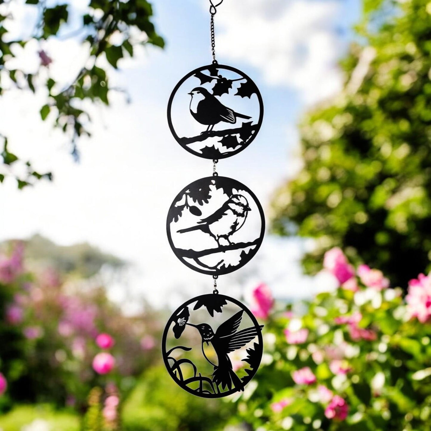 Black Bird Silhouette Hanging Trio Spinner – 60cm x 15cm | Kinetic Metal Wind Spinner for Garden & Home | Outdoor Hanging Bird Ornament