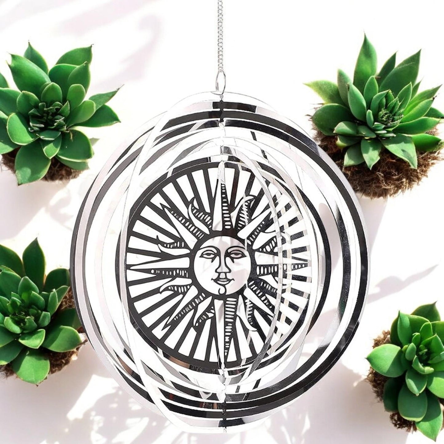 Sun Stainless Steel Hanging Wind Spinner – 34cm x 25cm | 3D Metal Kinetic Garden Ornament & Outdoor Wind Sculpture