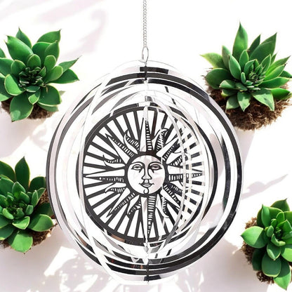 Sun Stainless Steel Hanging Wind Spinner – 34cm x 25cm | 3D Metal Kinetic Garden Ornament & Outdoor Wind Sculpture