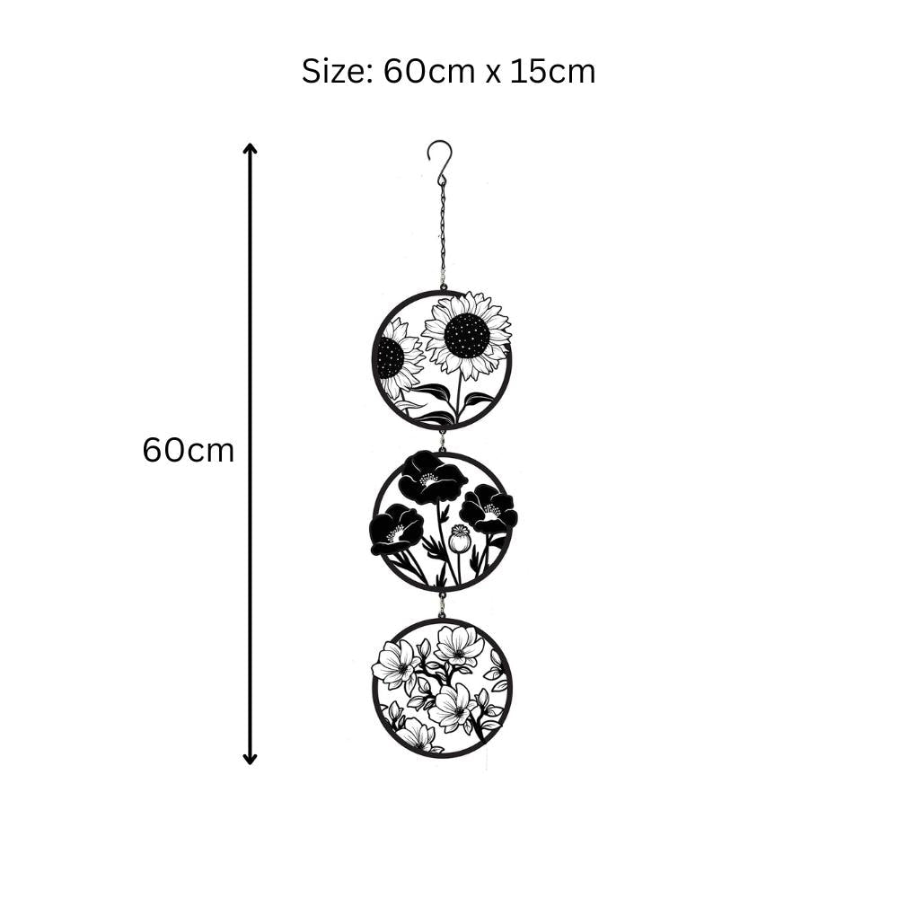 Black Floral Silhouette Hanging Trio Spinner – 60cm x 15cm | Metal Kinetic Wind Spinner for Garden & Home | Outdoor Hanging Floral Ornament