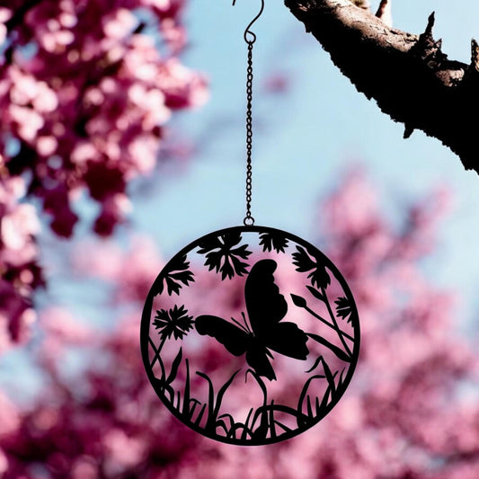 Black Butterfly Hanging Mirror Silhouette – 39cm x 23cm | Metal Wall Art & Garden Décor | Reflective Hanging Butterfly Ornament