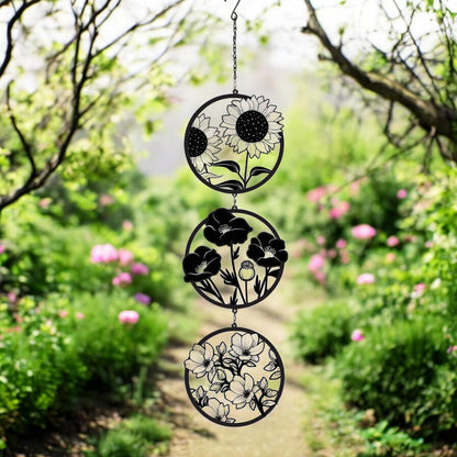 Black Floral Silhouette Hanging Trio Spinner – 60cm x 15cm | Metal Kinetic Wind Spinner for Garden & Home | Outdoor Hanging Floral Ornament