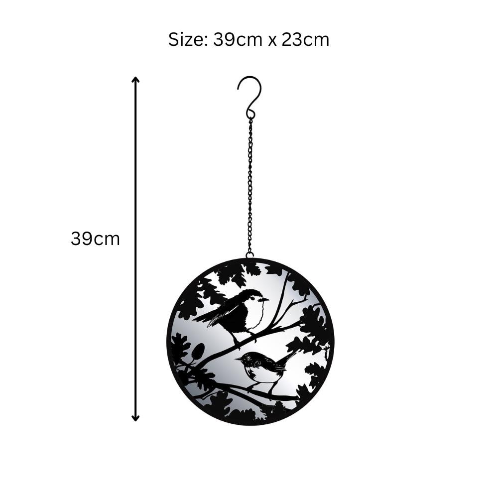 Black Robin & Wren Hanging Mirror Silhouette – 39cm x 23cm | Metal Art Garden Décor | Reflective Hanging Ornament