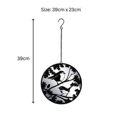 Black Robin & Wren Hanging Mirror Silhouette – 39cm x 23cm | Metal Art Garden Décor | Reflective Hanging Ornament