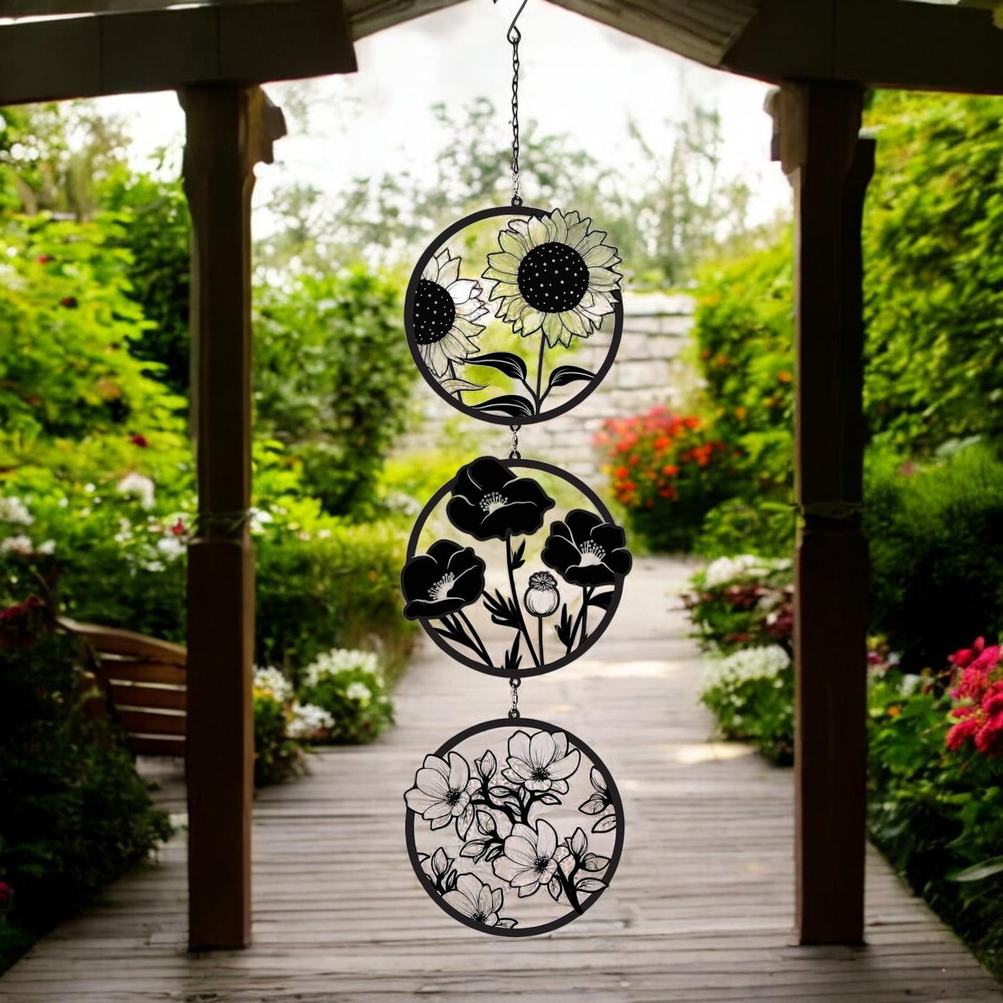 Black Floral Silhouette Hanging Trio Spinner – 60cm x 15cm | Metal Kinetic Wind Spinner for Garden & Home | Outdoor Hanging Floral Ornament