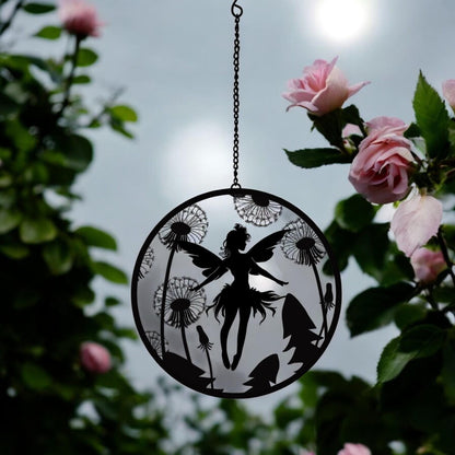 Black Fairy Hanging Mirror Silhouette – 39cm x 23cm | Enchanted Metal Fairy Wall Art & Garden Décor | Reflective Hanging Ornament