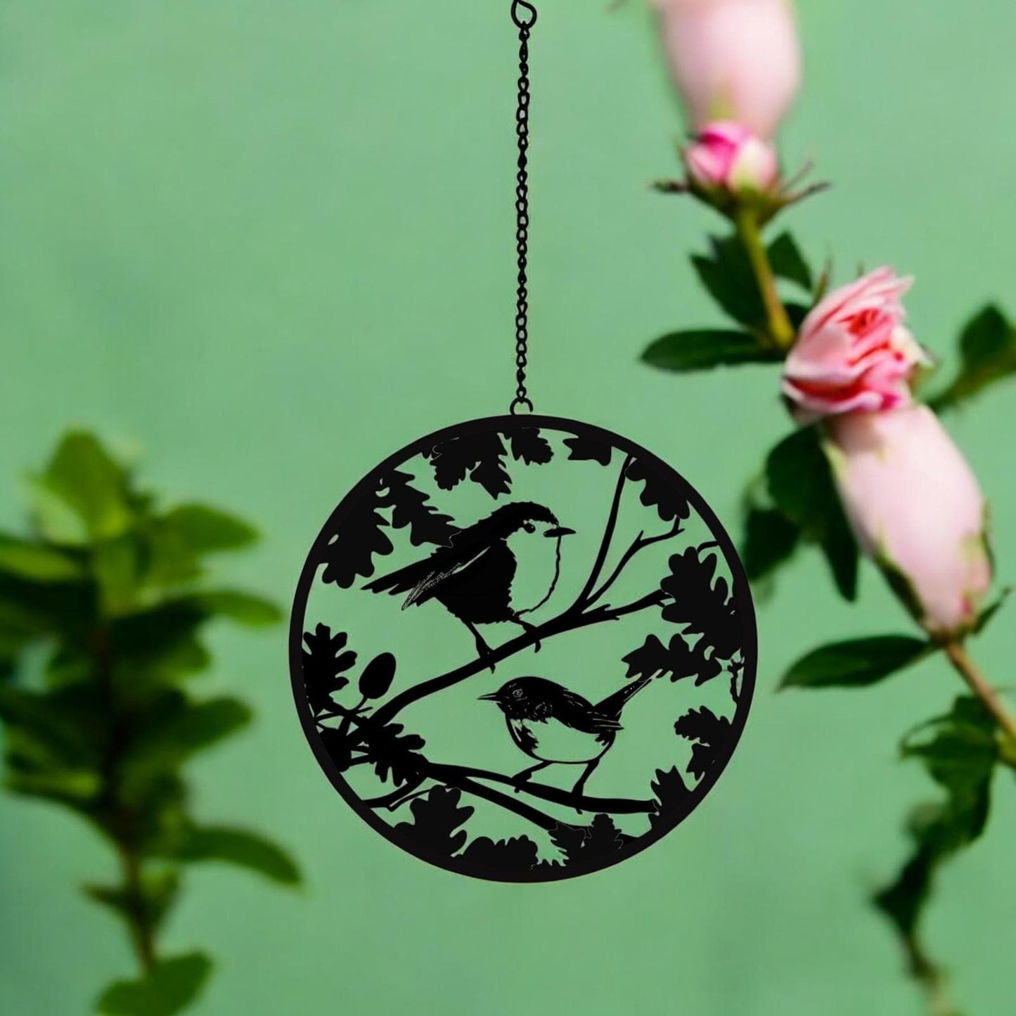 Black Robin & Wren Hanging Mirror Silhouette – 39cm x 23cm | Metal Art Garden Décor | Reflective Hanging Ornament