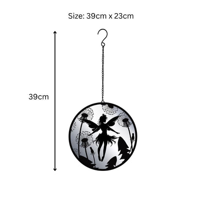 Black Fairy Hanging Mirror Silhouette – 39cm x 23cm | Enchanted Metal Fairy Wall Art & Garden Décor | Reflective Hanging Ornament