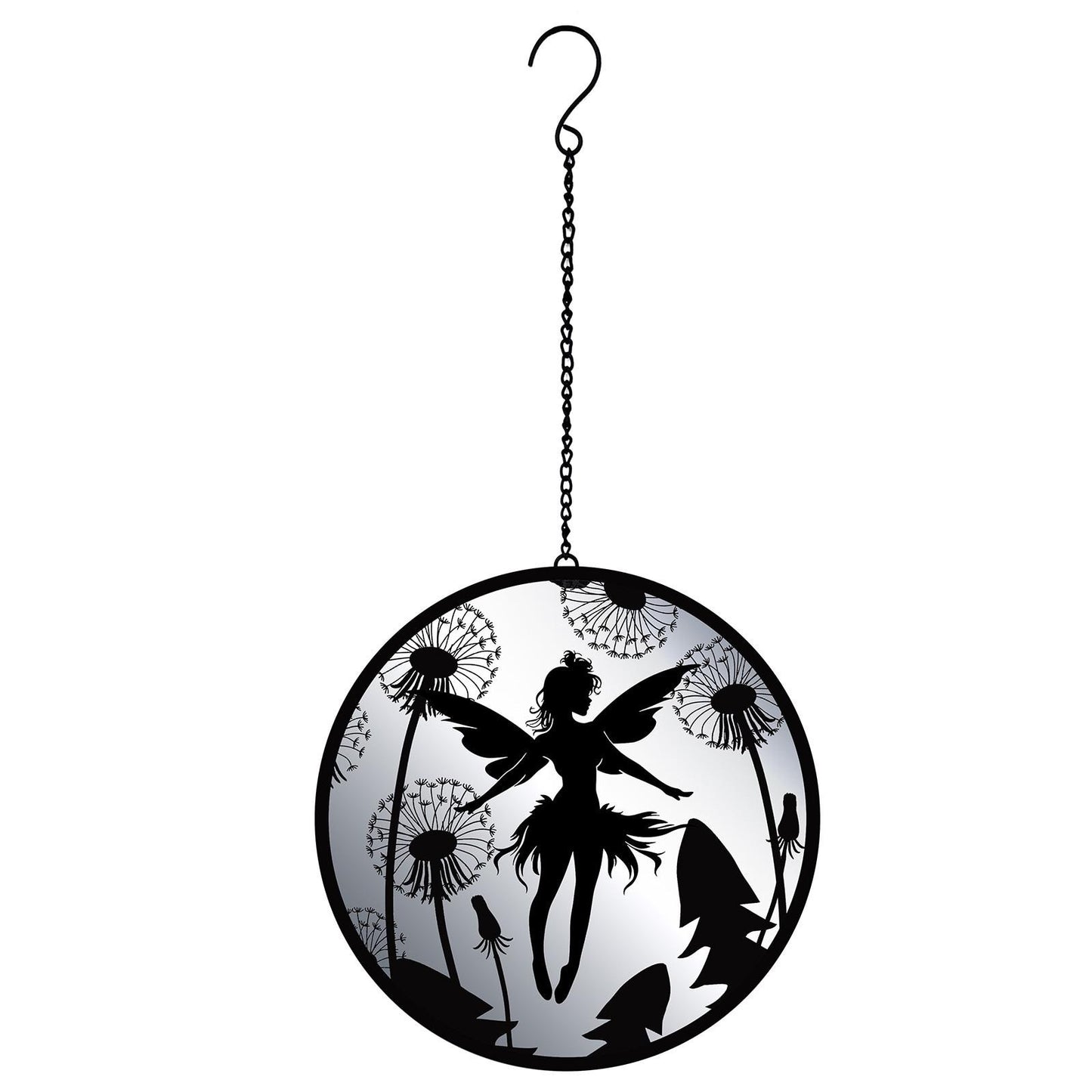 Black Fairy Hanging Mirror Silhouette – 39cm x 23cm | Enchanted Metal Fairy Wall Art & Garden Décor | Reflective Hanging Ornament