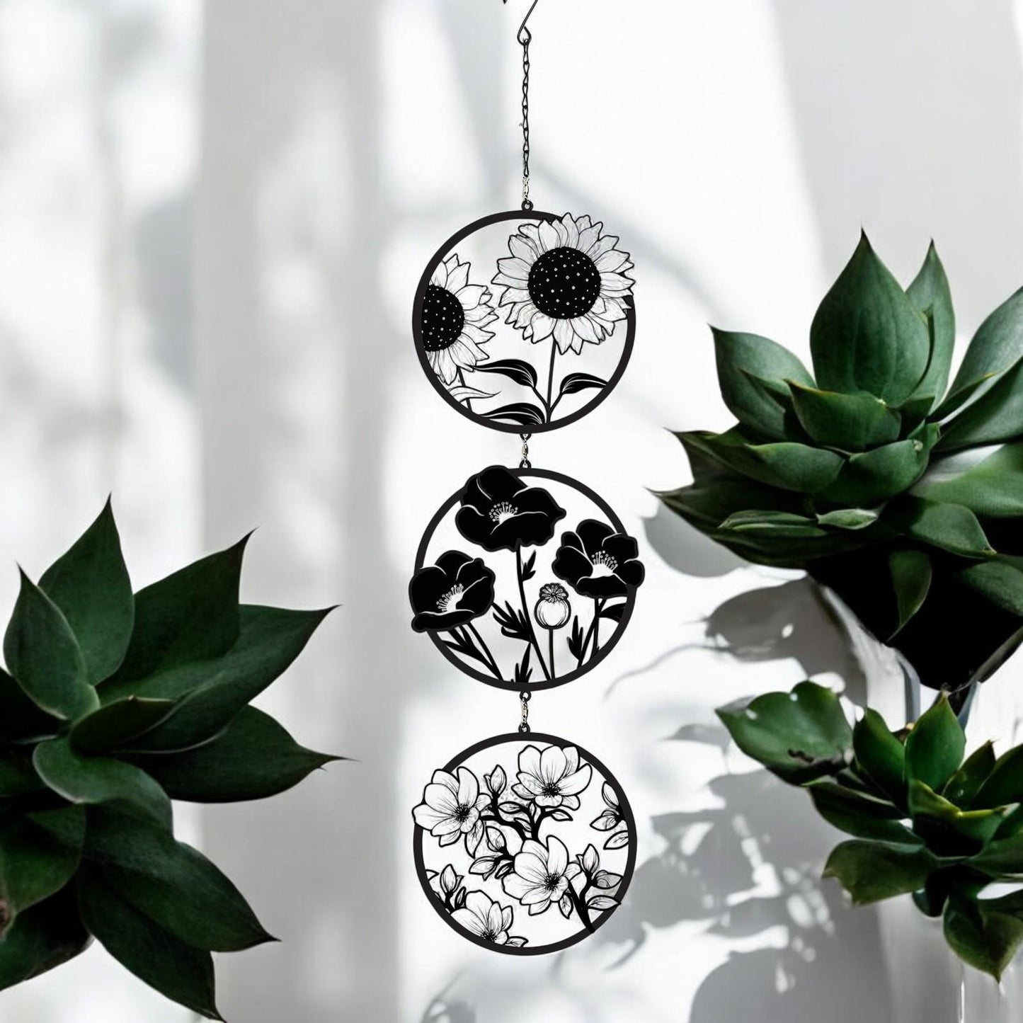 Black Floral Silhouette Hanging Trio Spinner – 60cm x 15cm | Metal Kinetic Wind Spinner for Garden & Home | Outdoor Hanging Floral Ornament